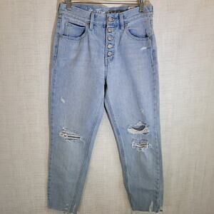 We The Free Jeans Women 26 Blue Tapered Button Fly Distressed Hi Rise Raw Hem